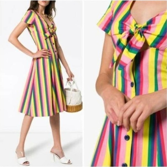 STAUD Alice Pink Colorful Rainbow Striped Poplin V-Neck Tie-Front Dress Sz 2 - Picture 2 of 14